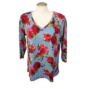 The Pioneer Woman Size M Classic Blue Red Floral Print Top Blouse Stretch Soft